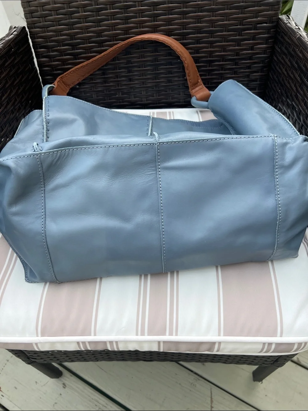 The Sak Two-Tone Blue Leather Tote with Tan Strap